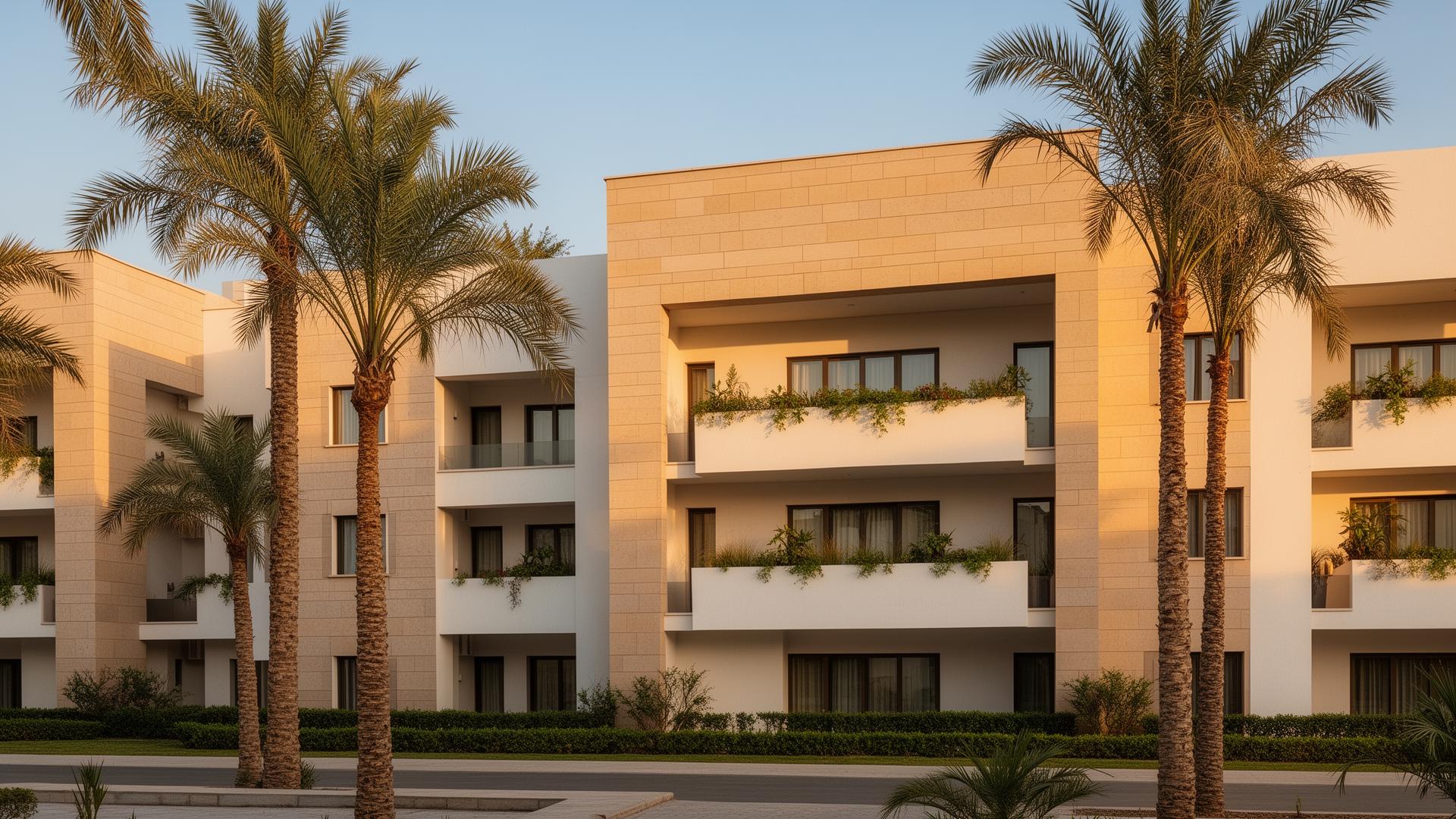 Premium residential compound facade with palms in Sheikh Zayed